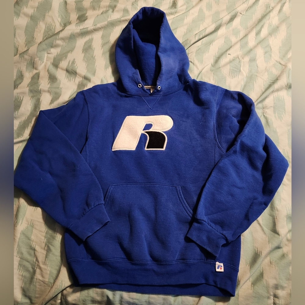 Russell BIG Fuzzy Logo Blue Hoodie Sweatshirt Men's Size Small‎